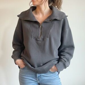 Aerie Down to Earth Quarter Zip Sweatshirt Charcoal Grey Oversized Medium
